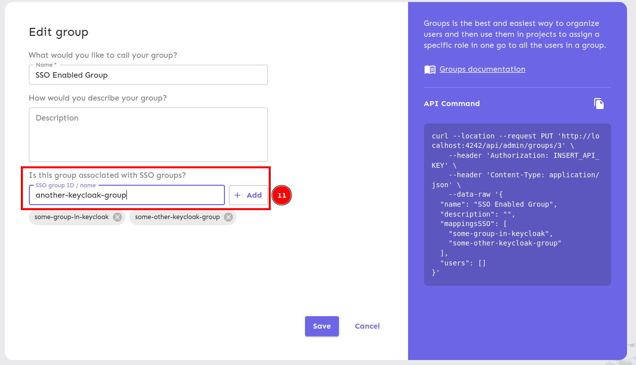 The edit group page with the add SSO group element highlighted.